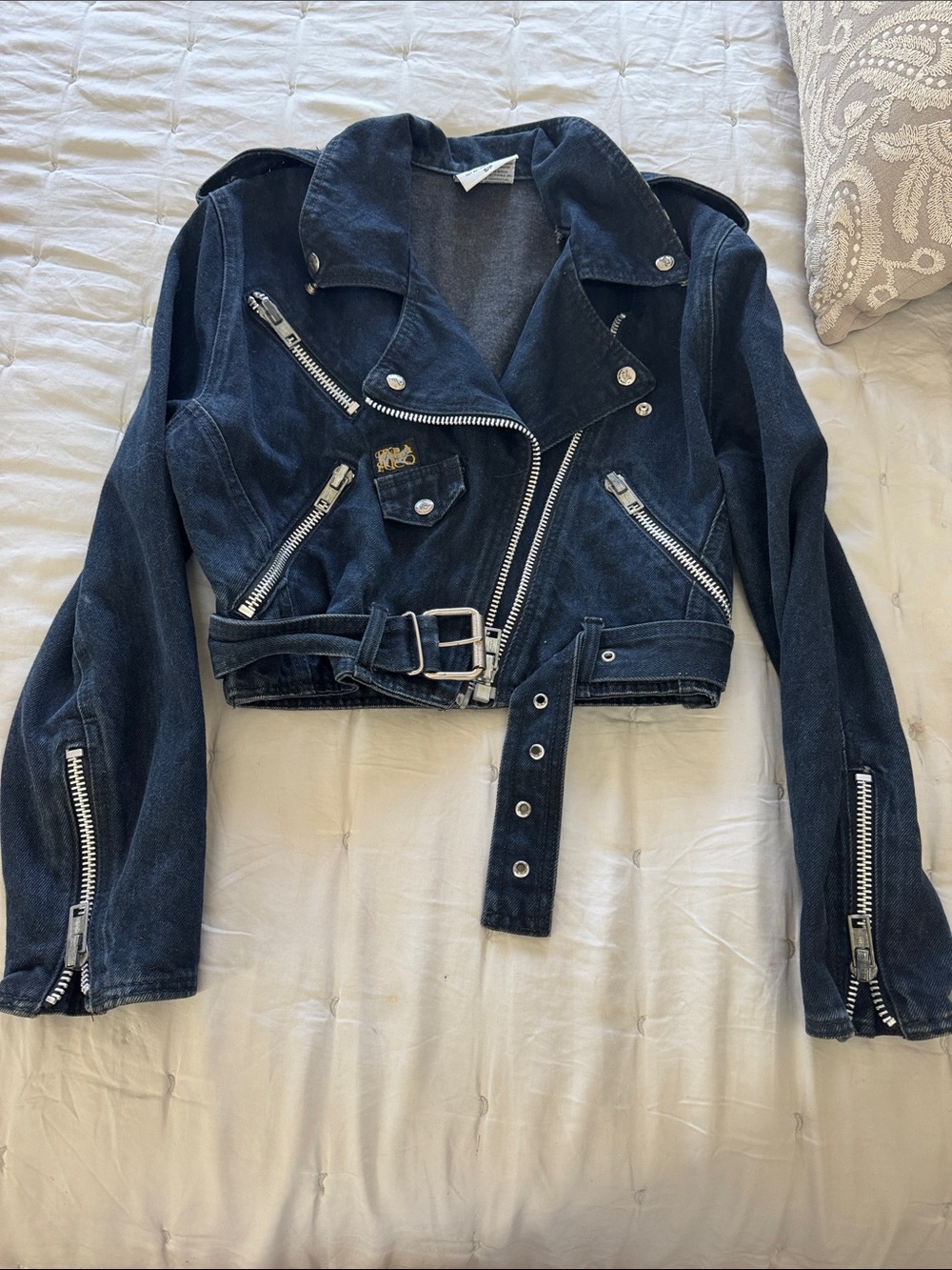 Parasuco Navy Cropped Moto Denim Jacket with Belt